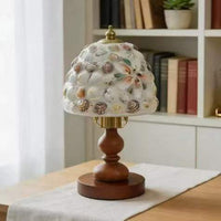 Vintage Amber Glass Dome Wooden Table Lamp, Retro Walnut Bedside Lamp for Cozy Bedroom Ambient Lighting