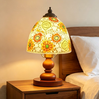 Floral Linen Shade Wood Table Lamp, Minimalist Midcentury Accent Lamp for Living Room Side Table Decor