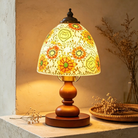 Floral Linen Shade Wood Table Lamp, Minimalist Midcentury Accent Lamp for Living Room Side Table Decor