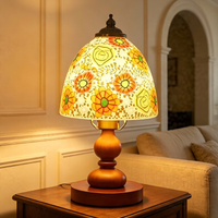 Floral Linen Shade Wood Table Lamp, Minimalist Midcentury Accent Lamp for Living Room Side Table Decor