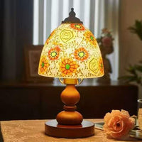 Floral Linen Shade Wood Table Lamp, Minimalist Midcentury Accent Lamp for Living Room Side Table Decor