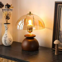 Coastal Farmhouse Wooden Table Lamp, Sea View Side Table Accent Lamp with Amber Glass Shade for Bedroom