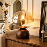 Coastal Farmhouse Wooden Table Lamp, Sea View Side Table Accent Lamp with Amber Glass Shade for Bedroom