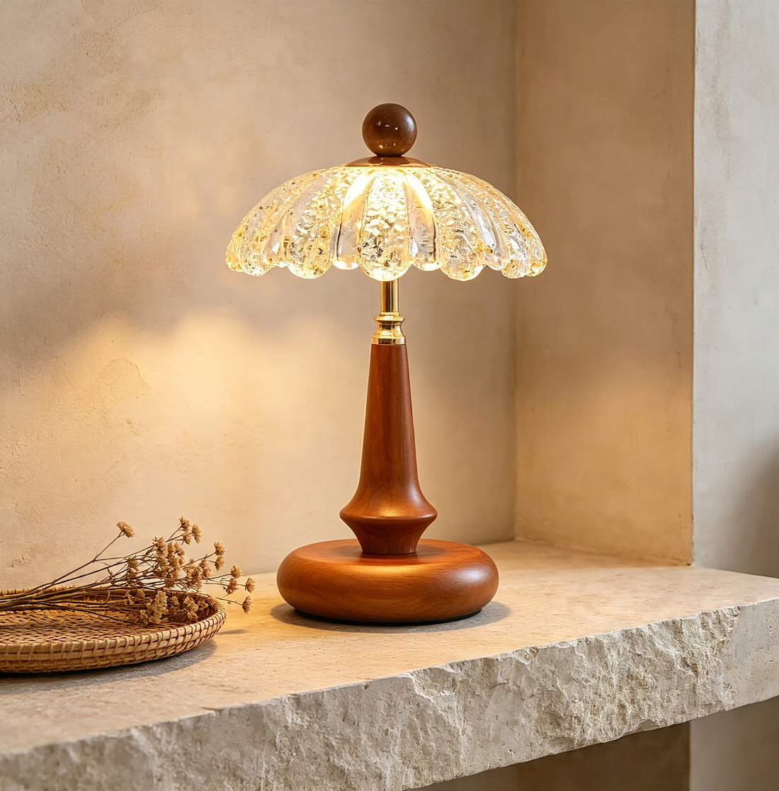 Rustic Solid Wood Table Lamp, Farmhouse Style Reading Lamp with Pull Chain, Warm Light Desk Lamp for Nightstand