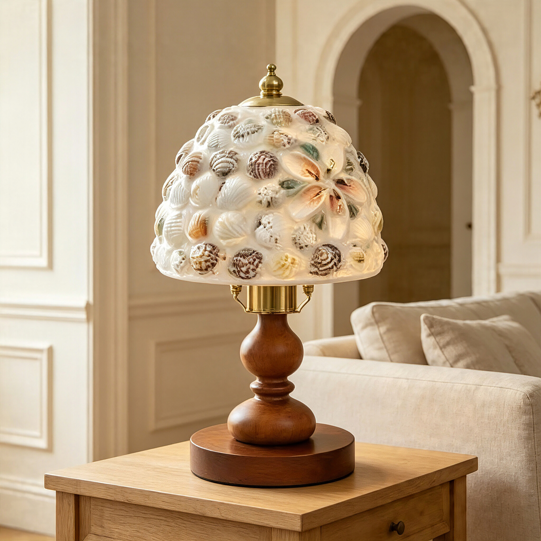 Vintage Amber Glass Dome Wooden Table Lamp, Retro Walnut Bedside Lamp for Cozy Bedroom Ambient Lighting