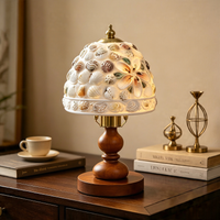 Vintage Amber Glass Dome Wooden Table Lamp, Retro Walnut Bedside Lamp for Cozy Bedroom Ambient Lighting
