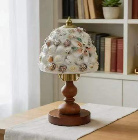 Vintage Amber Glass Dome Wooden Table Lamp, Retro Walnut Bedside Lamp for Cozy Bedroom Ambient Lighting