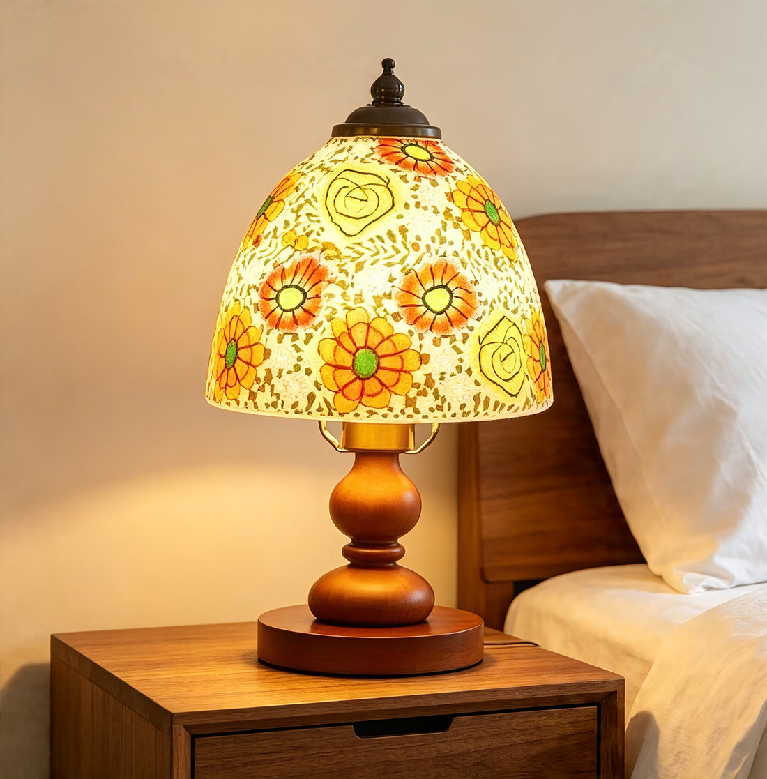 Floral Linen Shade Wood Table Lamp, Minimalist Midcentury Accent Lamp for Living Room Side Table Decor