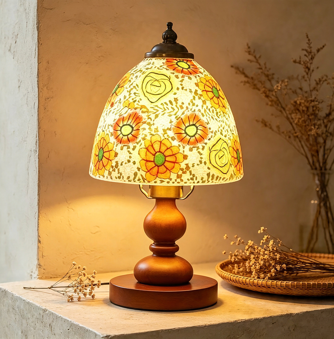 Floral Linen Shade Wood Table Lamp, Minimalist Midcentury Accent Lamp for Living Room Side Table Decor