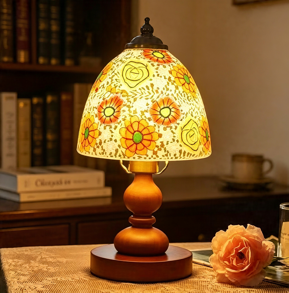 Floral Linen Shade Wood Table Lamp, Minimalist Midcentury Accent Lamp for Living Room Side Table Decor