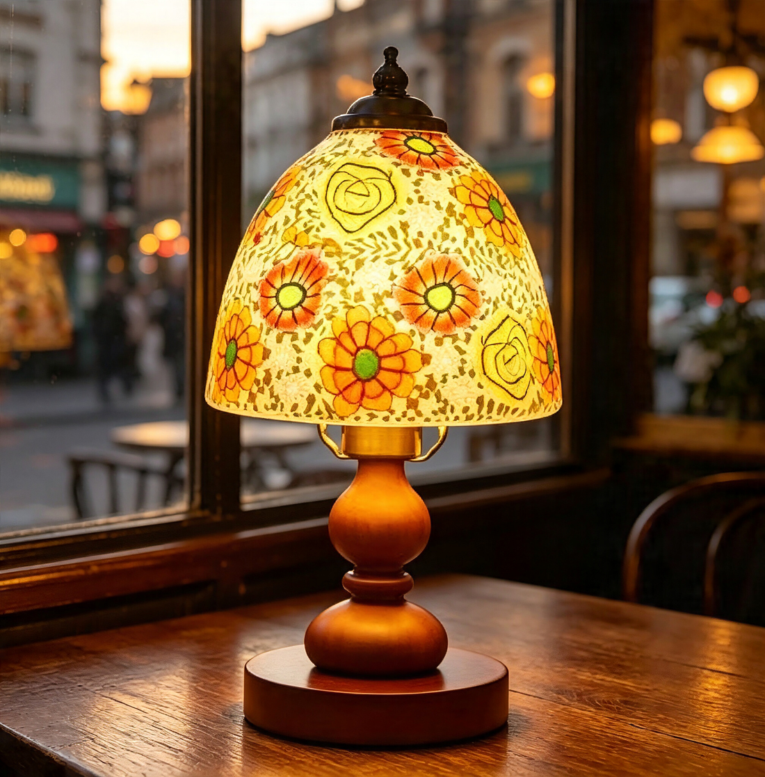Floral Linen Shade Wood Table Lamp, Minimalist Midcentury Accent Lamp for Living Room Side Table Decor