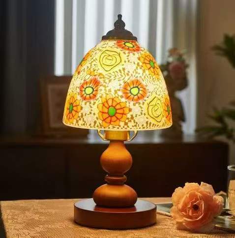 Floral Linen Shade Wood Table Lamp, Minimalist Midcentury Accent Lamp for Living Room Side Table Decor