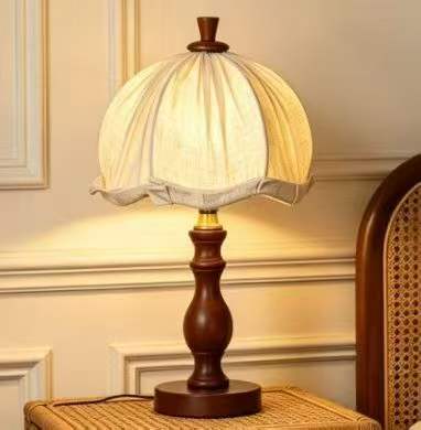 French Country Fabric Shade Wooden Desk Lamp, Soft Warm Glow Reading Lamp for Study & Bedroom Nightstand