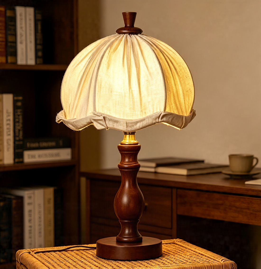 French Country Fabric Shade Wooden Desk Lamp, Soft Warm Glow Reading Lamp for Study & Bedroom Nightstand
