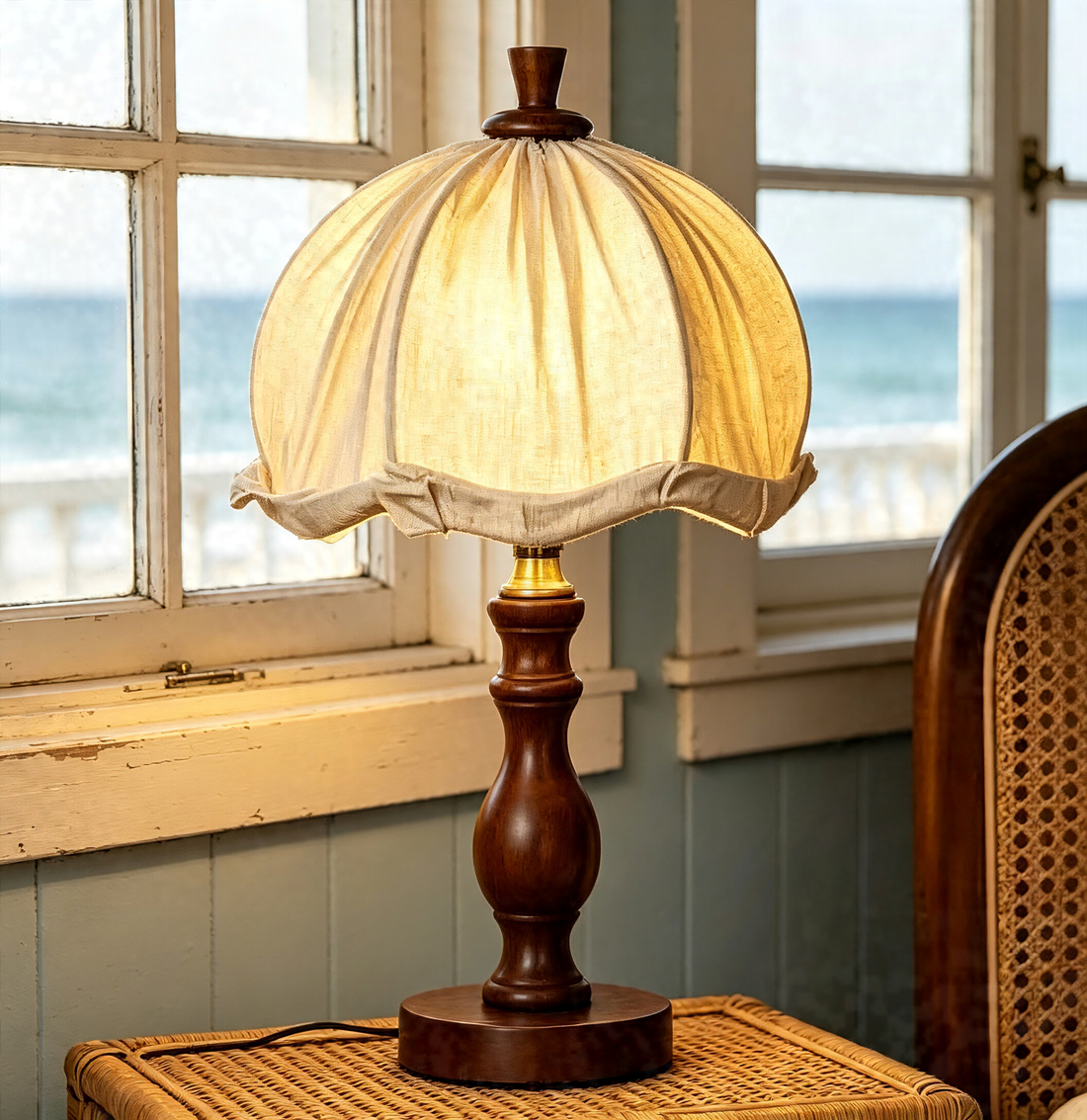 French Country Fabric Shade Wooden Desk Lamp, Soft Warm Glow Reading Lamp for Study & Bedroom Nightstand