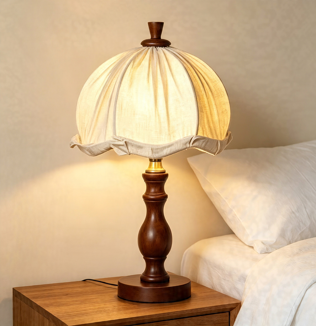 French Country Fabric Shade Wooden Desk Lamp, Soft Warm Glow Reading Lamp for Study & Bedroom Nightstand