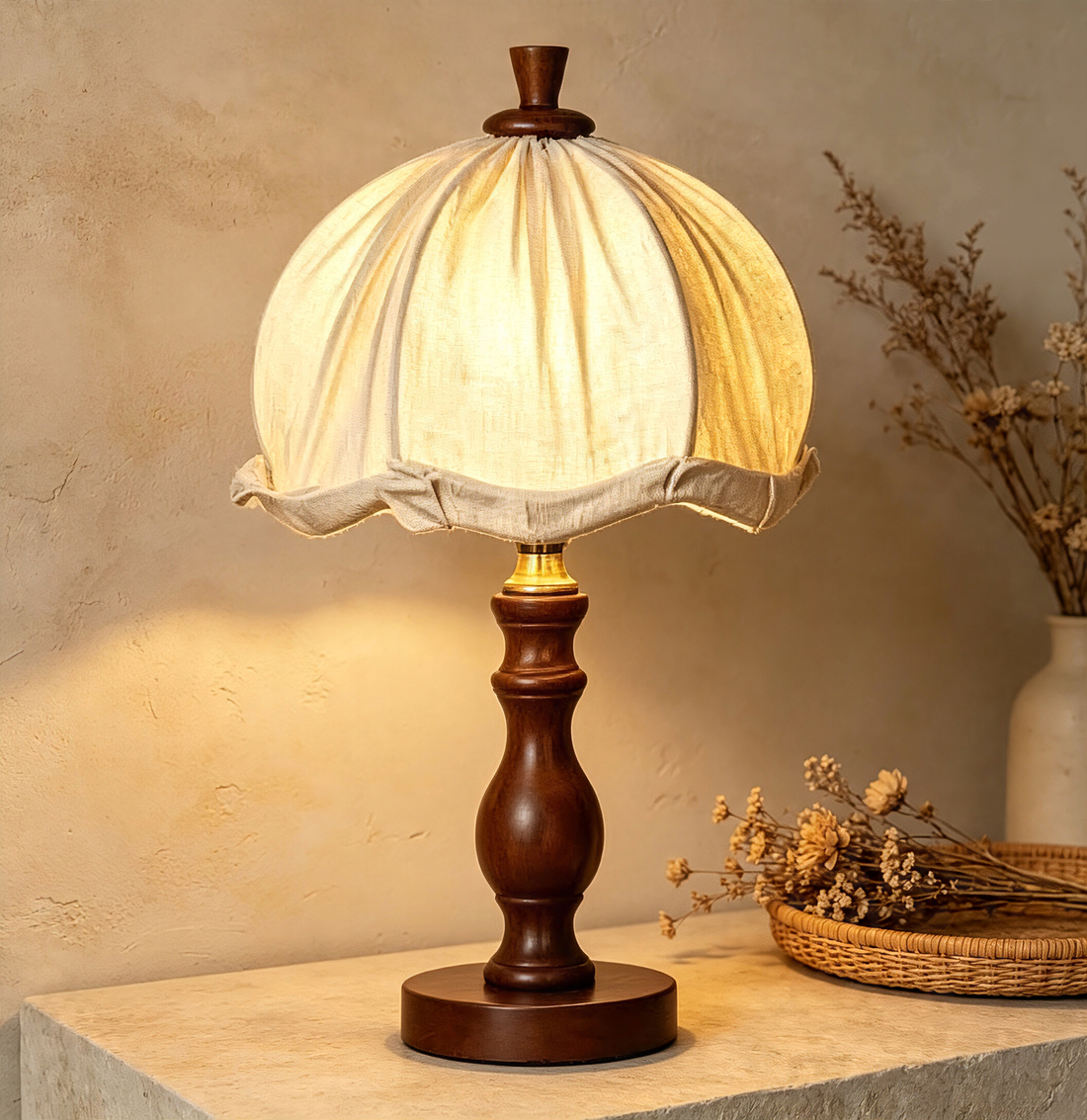 French Country Fabric Shade Wooden Desk Lamp, Soft Warm Glow Reading Lamp for Study & Bedroom Nightstand