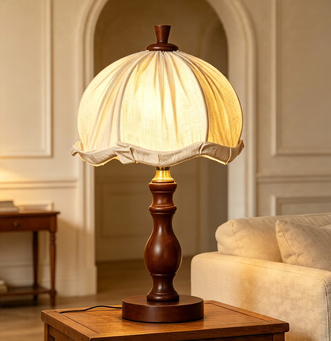 French Country Fabric Shade Wooden Desk Lamp, Soft Warm Glow Reading Lamp for Study & Bedroom Nightstand