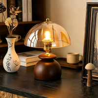 Coastal Farmhouse Wooden Table Lamp, Sea View Side Table Accent Lamp with Amber Glass Shade for Bedroom