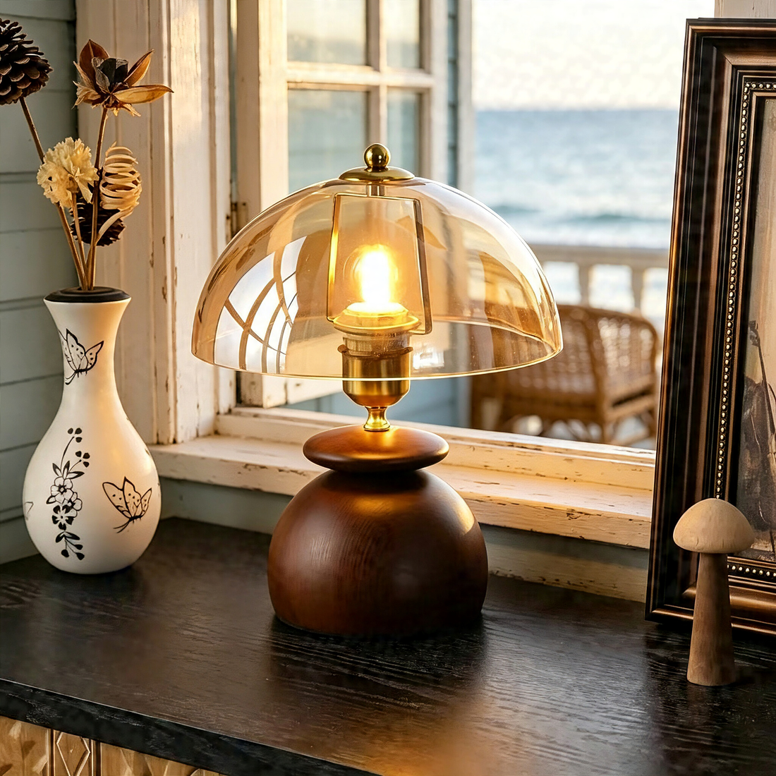 Coastal Farmhouse Wooden Table Lamp, Sea View Side Table Accent Lamp with Amber Glass Shade for Bedroom