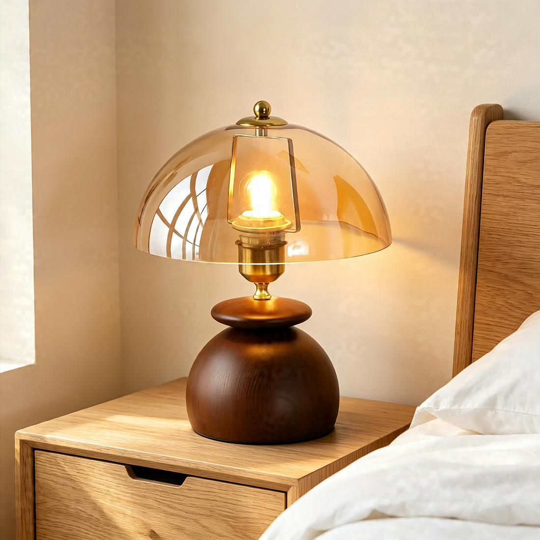 Coastal Farmhouse Wooden Table Lamp, Sea View Side Table Accent Lamp with Amber Glass Shade for Bedroom