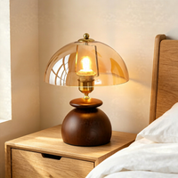 Coastal Farmhouse Wooden Table Lamp, Sea View Side Table Accent Lamp with Amber Glass Shade for Bedroom