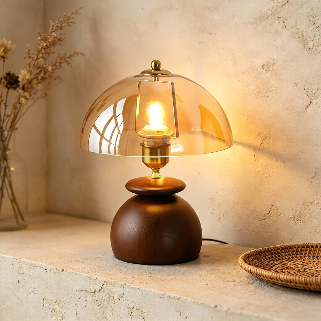 Coastal Farmhouse Wooden Table Lamp, Sea View Side Table Accent Lamp with Amber Glass Shade for Bedroom