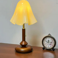 Classic Curved Stem Wood Nightstand Lamp, Retro Pull Chain Reading Lamp for Mid Century Living Room Decor