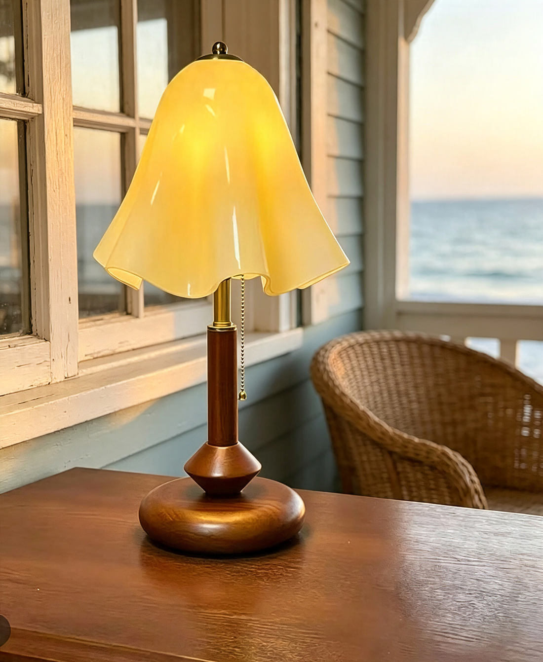 Classic Curved Stem Wood Nightstand Lamp, Retro Pull Chain Reading Lamp for Mid Century Living Room Decor